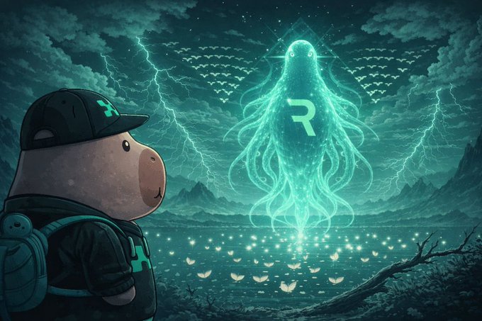 A digital illustration of a cartoon character wearing a cap with the Roblox logo facing a glowing ethereal squid-like figure with the letter 'R' against a dark, stormy landscape.