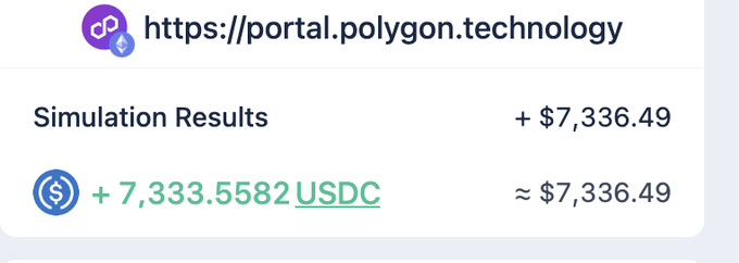 A screenshot from portal.polygon.technology showing Simulation Results with +$7,336.49 in USDC.
