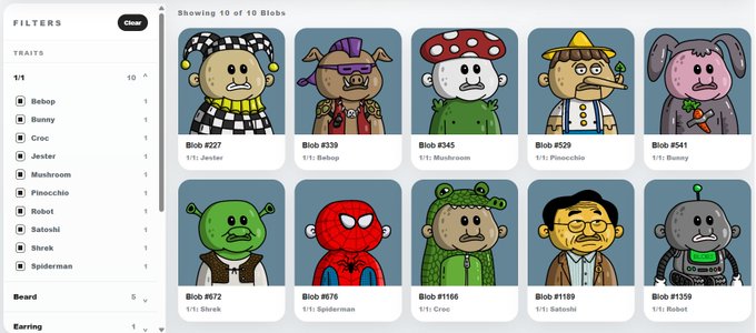 A screenshot of a filterable Blobs NFT collection page displaying 10 of 10 Blobs, with character traits like Bebop, Bunny, Mushroom, Pinocchio, Shrek, Spiderman, and Robot visible, corresponding to the milestone of minting the 10th 1/1 Robot Blob (#1359 shown).