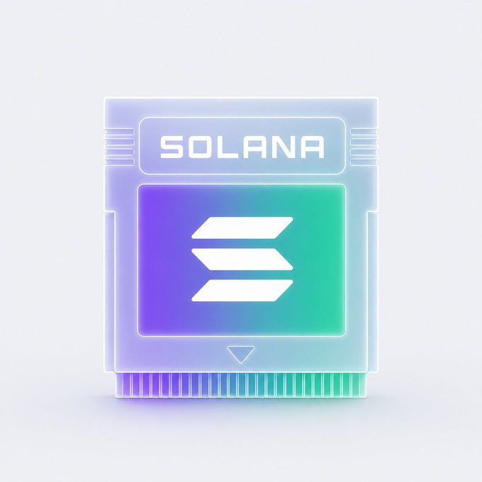 A 3D rendering of a translucent, retro-style game cartridge branded with "SOLANA" and its three-bar logo, styled with a purple-to-teal gradient that mirrors the Solana brand colors. The cartridge imagery ties directly to the "GAME ON, SOLANA" caption, framing Solana as an active, ready-to-play player in the crypto space.
