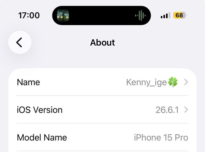 An iPhone 'About' settings screen showing Name 'Kenny_ige 🍀', iOS Version 26.6.1, and Model Name 'iPhone 15 Pro'.