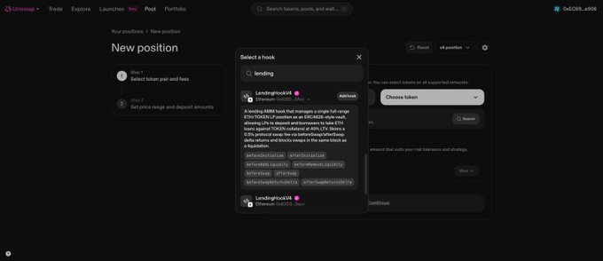 The image shows the Uniswap interface for creating a new liquidity position, with a hook selector modal displaying "LendingHook01" configured to interact with Aave v3 (utilizing tokens aEthWETH, aEthUSDC, and aUSDT) to enable leveraged lending/borrowing across the selected token pair. This relates to the post by demonstrating $LOOP's implementation of v4 hooks that unlock a new lending/borrowing layer on top of Uniswap v4 pools.