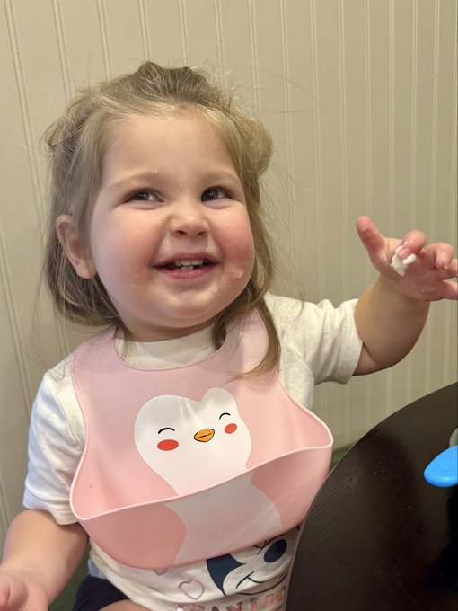 A smiling toddler with food on her face wearing a pink bib featuring a cute penguin/bird design, sitting at a table.