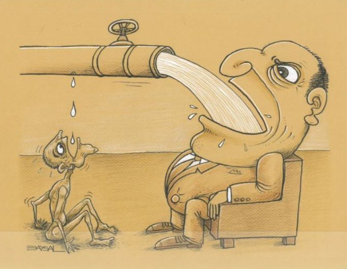 A political cartoon by Emad depicting a wealthy, well-fed man drinking directly from a large pipe while a thin, impoverished child waits below for the dripping water.