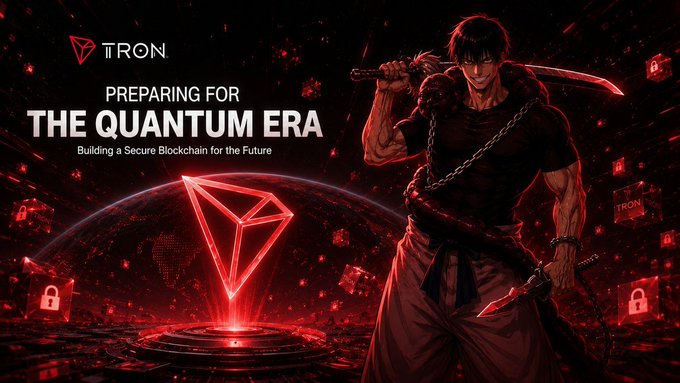 A promotional graphic featuring the TRON logo with text 'PREPARING FOR THE QUANTUM ERA' and 'Building a Secure Blockchain for the Future', alongside an anime-style warrior character holding a sword against a red digital background.