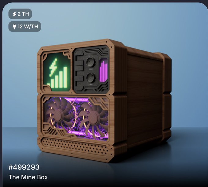 A wooden PC case called "The Mine Box" (#499293) displays "2 TH" and "12 W/TH" in the top left, featuring green LED indicators and purple-illuminated cooling fans.