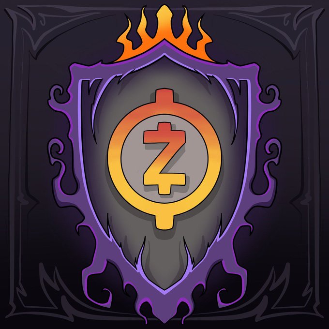 A stylized digital emblem features a glowing orange and yellow "Z" symbol encircled within a ring, set against an ornate purple shield with dark filigree details and crowned by flames at the top. The "Z" directly references the "ZEC" ticker mentioned in the post, suggesting the image is a branded logo for the "Zemon" collection launching on that platform.
