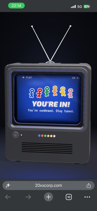 A smartphone screen displaying a website '20xxcorp.com' featuring a retro TV graphic with the text 'YOU'RE IN! You're confirmed. Stay tuned.' alongside colorful dancing figures.