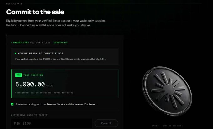 A "Commit to the sale" page on Sonar showing a wallet ready to commit funds, with a position of 5,000.00 USDC and minimum additional commitment of $100.