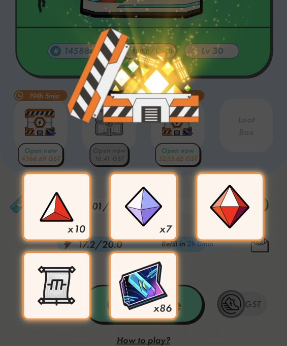 A mobile game screenshot displays loot boxes containing gems, scrolls, and cards, with text including 'Open now', '4566.69 GST', '16.41 GST', and '5233.62 GST'.