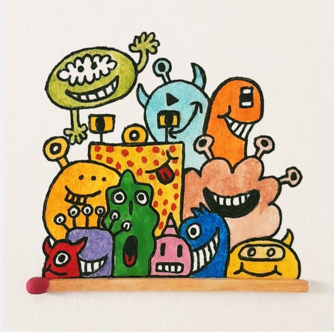 A colorful hand-drawn illustration featuring a group of smiling cartoon monsters with various shapes, colors, and googly eyes clustered together on an orange base.