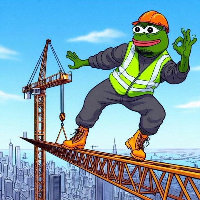 A cartoon illustration of Pepe the Frog wearing a construction worker's safety vest and hard hat, balancing on a steel beam high above a city skyline while making an 'OK' hand gesture.