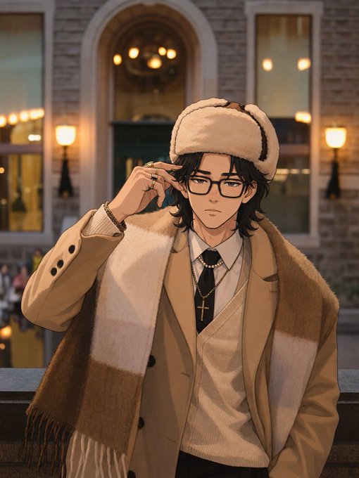 An anime-style illustration of a male character wearing a winter coat, scarf, glasses, a cross necklace, and a furry hat, standing in front of a building with glowing lights.