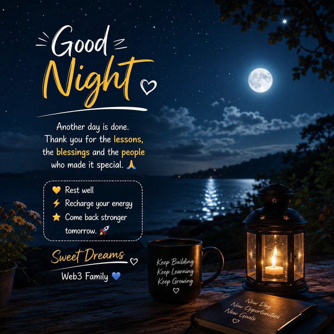 A nighttime 'Good Night' greeting card with a full moon over water, featuring a lantern, coffee mug, and text including 'Web3 Family', 'Sweet Dreams', and motivational messages like 'Keep Building Keep Learning Keep Growing'.