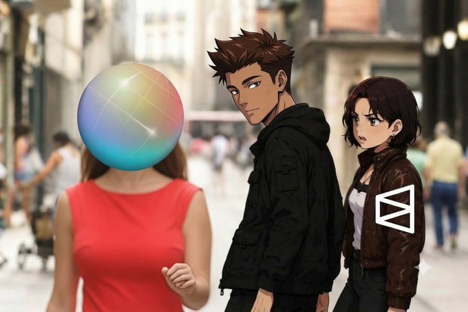 An anime-style image showing a woman in a red dress with a sphere covering her face, walking away from a man and woman in jackets on a city street, with an NFT-like logo overlay.