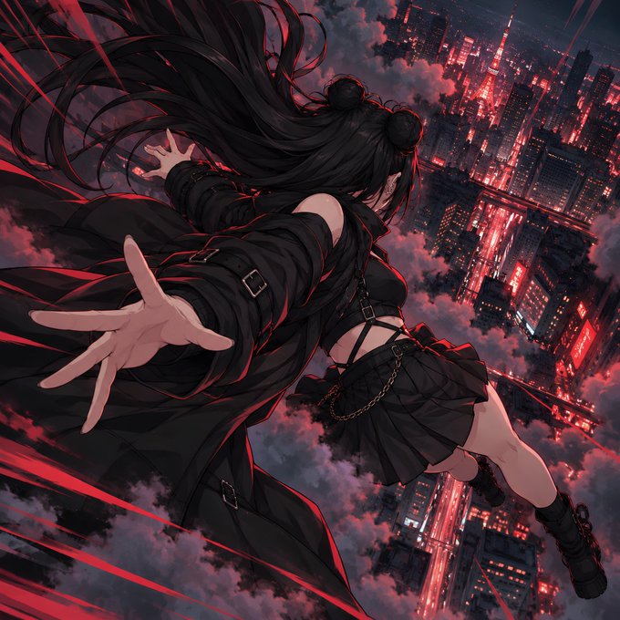 An anime-style illustration depicts a girl with long flowing black hair and twin buns falling or reaching out against a dramatic backdrop of a dark, red-lit city skyline at night.