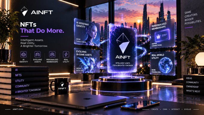An advertisement for 'AINFT' with the text 'NFTs That Do More. Intelligent Assets. Real Utility. A Brighter Tomorrow.' featuring 3D graphics of digital cards and futuristic cityscape.