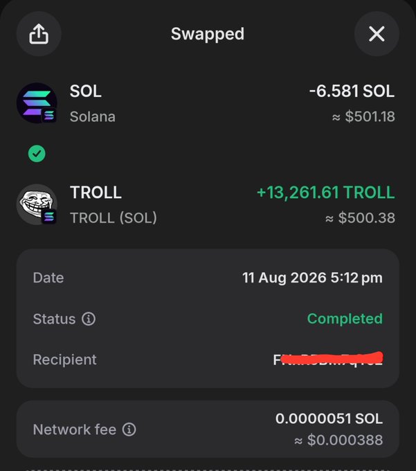 Screenshot of a completed cryptocurrency swap showing -6.581 SOL (~$501.18) exchanged for +13,261.61 TROLL (SOL) (~$500.38) on 11 Aug 2026 5:12 pm, with a network fee of 0.0000051 SOL.