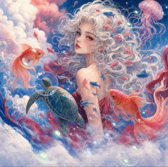 A dreamy digital painting of a pale woman with flowing white hair surrounded by a sea of goldfish, a sea turtle, and jellyfish swimming through clouds and waves.