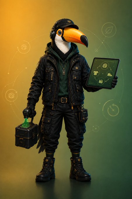 The image features a bird statue wearing a black jacket, holding a tablet computer, and standing against a green background with various shapes and designs surrounding it. The caption above the image reads "A better deal is not always about buying more. Real value comes from choosing carefully, reducing waste, and keeping useful things in circulation longer." This message seems to be related to the bird statue's attire or accessories, as they may have been chosen intentionally for their unique appearance rather than practicality. The bird statue could represent a symbol of individuality and creativity, encouraging people to think about how they choose to express themselves through fashion and art.