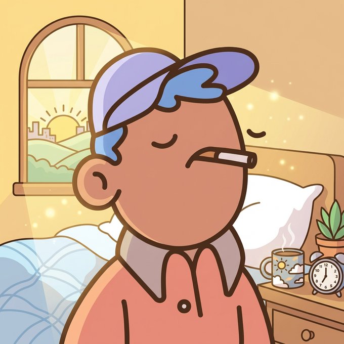 An illustration of a cartoon character with a thermometer in his mouth, appearing sick while sitting in bed next to a window with a sunrise view.