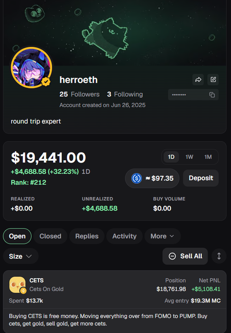 The image shows a trading profile for user "herroeth" with a portfolio valued at $19,441.00 (+32.23% in 1D), ranked #212, featuring a position in CETS (Cets On Gold) with a $5,108.41 net PnL and a note about buying CETS to earn gold.

The profile, which describes the user as a "round trip expert," illustrates a profitable day-trading result in the meme coin market, supporting the post's optimistic claim about an imminent major alt season by showcasing real gains made through active meme trading.