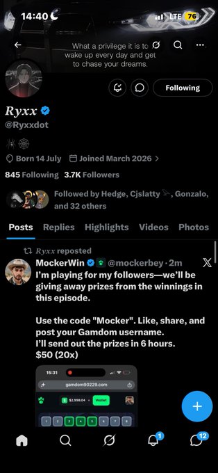 An X (Twitter) profile page for 'Ryxxx' (@Ryxxxdot) showing a pinned repost about gambling giveaways using the code 'Mocker' for a $50 prize on gamdom.
