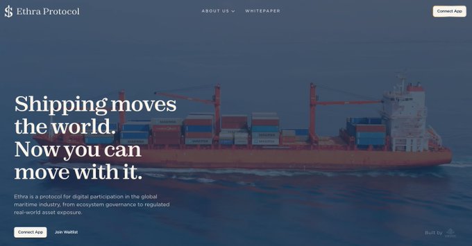 Ethra Protocol website landing page with tagline 'Shipping moves the world. Now you can move with it,' featuring a container ship and a 'Connect App' button.