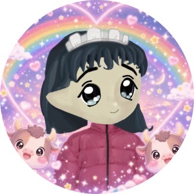A cute chibi-style anime character with black hair and a maid headband standing against a rainbow and starry pastel background, flanked by two small cartoon cows.