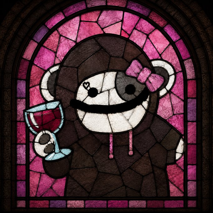 An AI-generated stained glass window illustration depicting a chibi-style cartoon character with a pink bow, holding a wine glass, set against a pink and brown mosaic background.