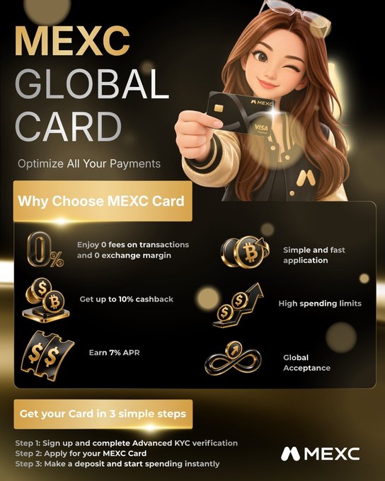A promotional advertisement for the 'MEXC GLOBAL CARD' highlighting 0% transaction fees, up to 10% cashback, and a simple 3-step application process.