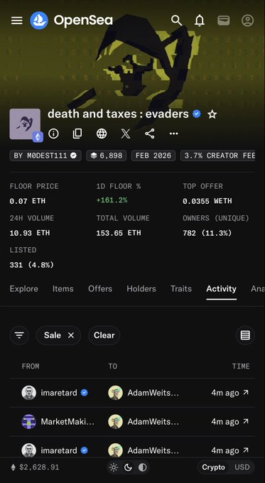 A screenshot of the OpenSea NFT marketplace showing the collection "death and taxes : evaders" with a floor price of 0.07 ETH and 6,696 items, featuring a hooded skeletal logo.