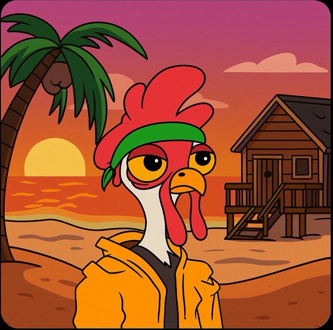 A cartoon-style illustration of a rooster wearing a green headband and an orange hoodie, standing on a beach at sunset with a palm tree and wooden hut in the background.