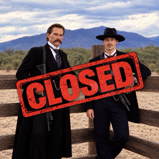 Two men in Western-style suits and hats pose with revolvers by a wooden fence in a mountainous landscape, overlaid with a large red 'CLOSED' stamp.
