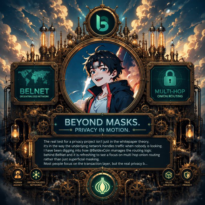An elaborate steampunk-style promotional graphic for 'BELNET' titled 'BEYOND MASKS. PRIVACY IN MOTION.', featuring an anime character and text discussing BeldexCoin's multi-hop onion routing.