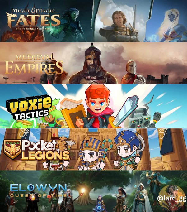 The image features a poster with four different video game titles displayed, each accompanied by a character or illustration related to the game. The first title is "Medieval Empires", followed by "Pocket Legends" and "Voxie Tactics". The last two titles are "Immutable" and "Elowyn". The characters in the image include a knight with a sword on his left side, a princess standing next to him, and a dragon on the right side.