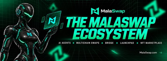 A sleek futuristic banner for "THE MALASWAP ECOSYSTEM" (MalaSwap.com) features a metallic humanoid figure holding an "M" token emblem, highlighting key features: AI AGENTS, MULTICHAIN SWAPS, BRIDGE, LAUNCHPAD, and NFT MARKETPLACE—directly promoting the Agentic AI platform launch teased in the caption.