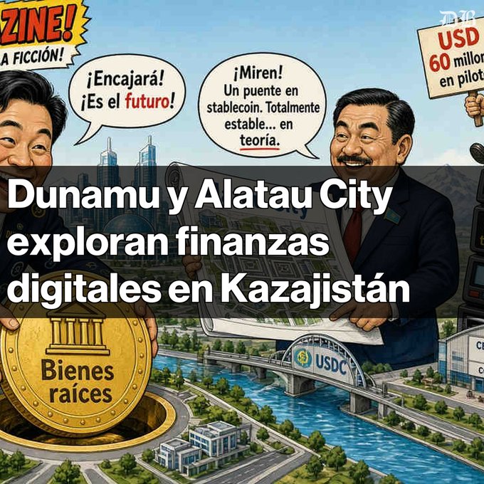 A satirical comic-style illustration featuring caricatures with Spanish speech bubbles about Stablecoin and a bridge, overlaid with the text 'Dunamu y Alatau City exploran finanzas digitales en Kazajistán'.