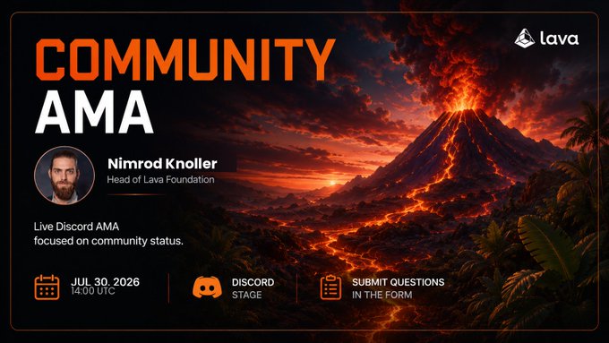 A promotional graphic for a "Community AMA" featuring Nimrod Knoller, Head of Lava Foundation, scheduled for July 30, 2026 at 14:00 UTC, set against a dramatic image of an erupting volcano. The design includes Lava's logo and icons indicating the event will be held on a Discord stage, inviting attendees to submit questions in advance.