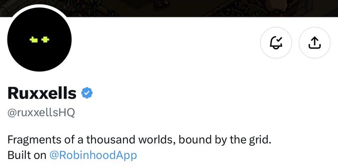 The image shows the Twitter/X profile page for "Ruxxells" (@ruxxellsHQ), featuring a black avatar with two green pixelated eyes and the bio "Fragments of a thousand worlds, bound by the grid. Built on @RobinhoodApp." The profile's verified badge and Robinhood branding align with the post's discussion of the Ruxxells NFT collection's 1,970 supply minted on the Robinhood App platform.