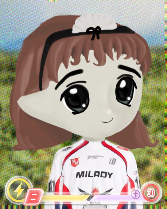 A digital avatar/chibi-style character with brown hair and a white maid-like headband wears a white and red racing jersey branded 'MILADY' and 'MW', with game UI elements including a '30' and energy bar visible.