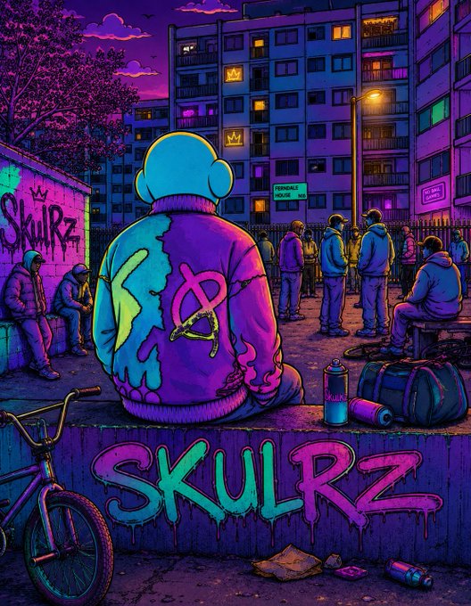 Neon-colored urban illustration with the graffiti 'SKULRZ' prominent, showing a bald figure in a colorful hoodie sitting on a ledge facing apartment buildings at dusk.