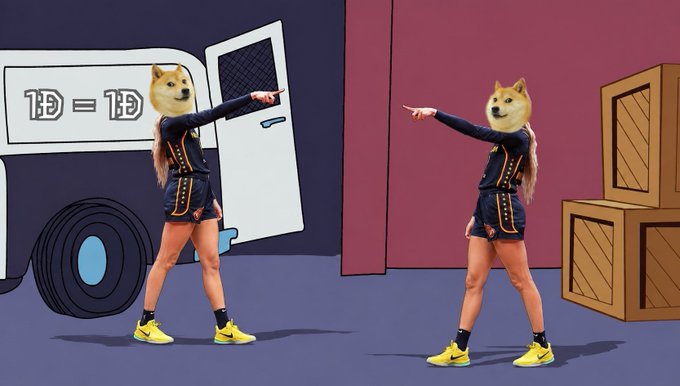 The image features two figures with Doge (Shiba Inu) heads wearing dark uniforms and yellow sneakers, standing on either side of a cartoon truck displaying "1D = 1D" on its side, with the figures pointing at each other—humorously illustrating the post's message that "1 Dogecoin = 1 Dogecoin $DOGE" through the visual pun of the "1D" text on the truck.