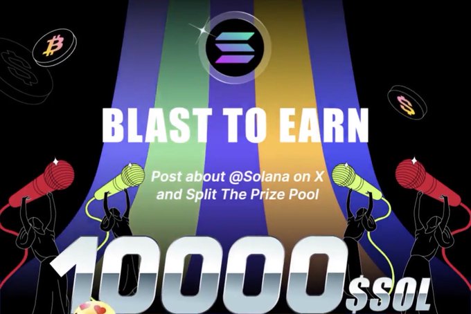 A Solana-themed promotional graphic titled "BLAST TO EARN" features the Solana logo, Bitcoin, and stylized figures with microphones, advertising a 1000 $SOL prize pool for posting about @Solana on X. The image relates to the post about TimeSoul by promoting Solana ecosystem engagement, aligning with the tweet's discussion of Web3 projects and community rewards.