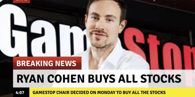 Breaking news graphic featuring Ryan Cohen with the headline 'RYAN COHEN BUYS ALL STOCKS' and subtitle 'GAMESTOP CHAIR DECIDED ON MONDAY TO BUY ALL THE STOCKS', timestamped 4:07, with a GameStop logo in the background.
