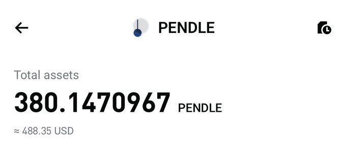 A screenshot from a crypto wallet showing a PENDLE token balance of 380.1470967 PENDLE (approximately $488.35 USD) in total assets, which the poster highlights as rewards earned from LO incentives during the latest epoch.