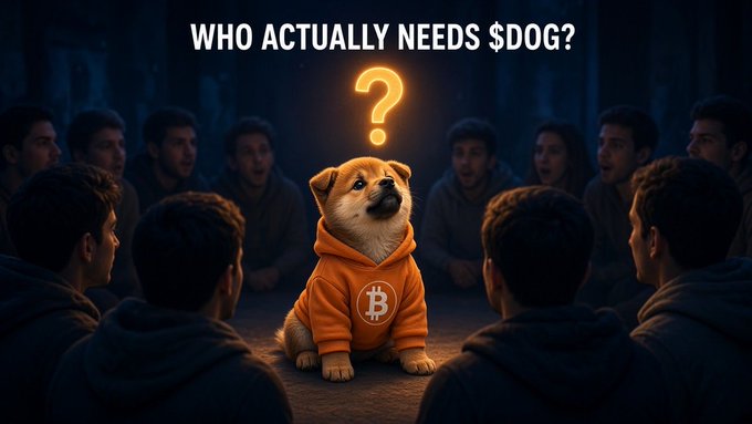 A humorous image featuring a Shiba Inu dog wearing an orange Bitcoin hoodie with the text "WHO ACTUALLY NEEDS $DOG?" displayed at the top above a glowing question mark.