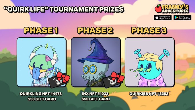 The image features three cartoon characters, each with different hats and accessories, standing next to a tree. The text "Quirk Life" is displayed above them, indicating that they are participating in a tournament or competition. The characters are positioned at various angles within the frame, creating an interesting composition. The post also mentions that there are prizes available for those who participate in the Quirk Life tournament.