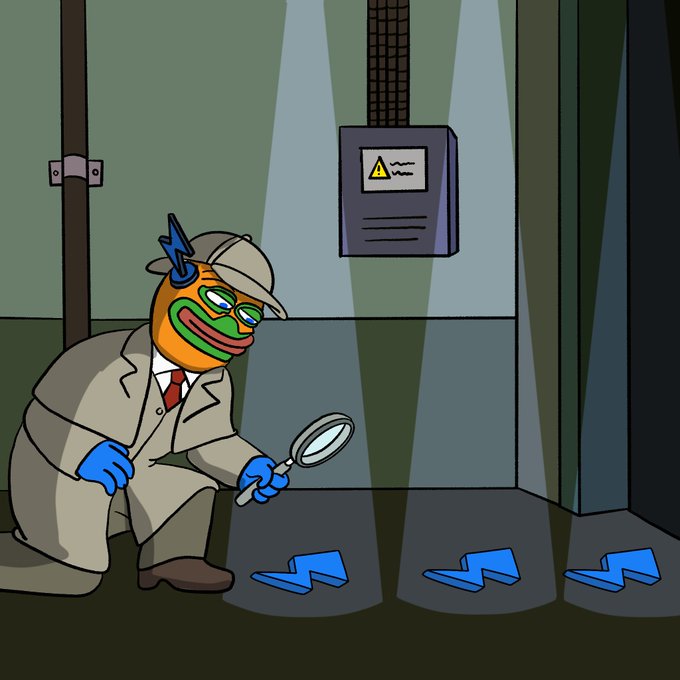 An illustrated cartoon of an orange frog-like character dressed as a detective, wearing a trench coat and hat, using a magnifying glass to examine blue downward arrows in a dimly lit industrial setting.