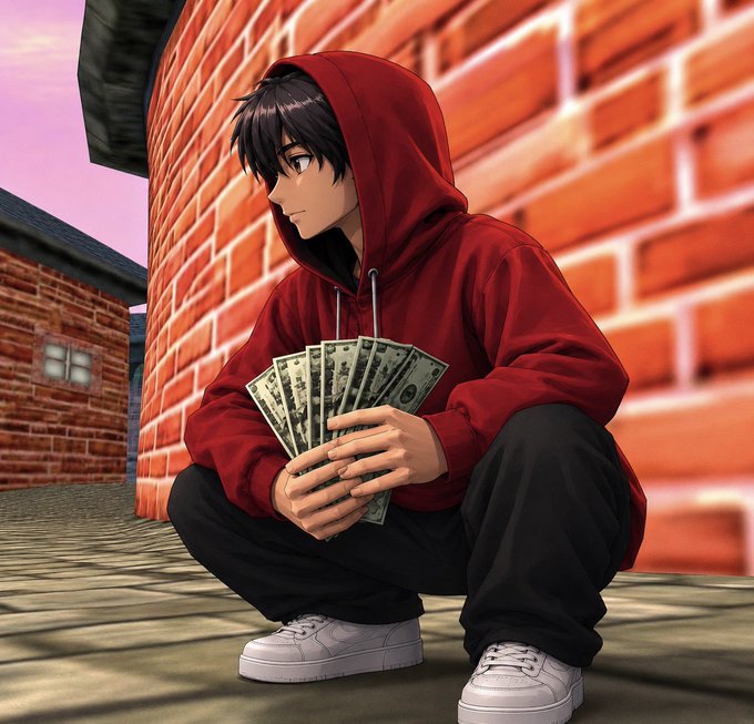 An anime-style illustration of a young man in a red hoodie and black pants squatting in an alleyway against a brick wall, holding a fan of US dollar bills, with his hood up.